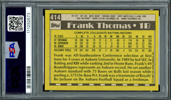 Frank Thomas Signed 1990 Topps RC #414 Chicago White Sox PSA9 Auto 10 PSA/DNA