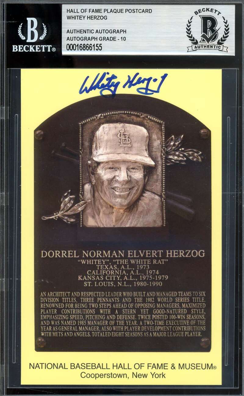 Whitey Herzog Gem Mint 10 Beckett BAS Signed Gold HoF Plaque Postcard Autograph