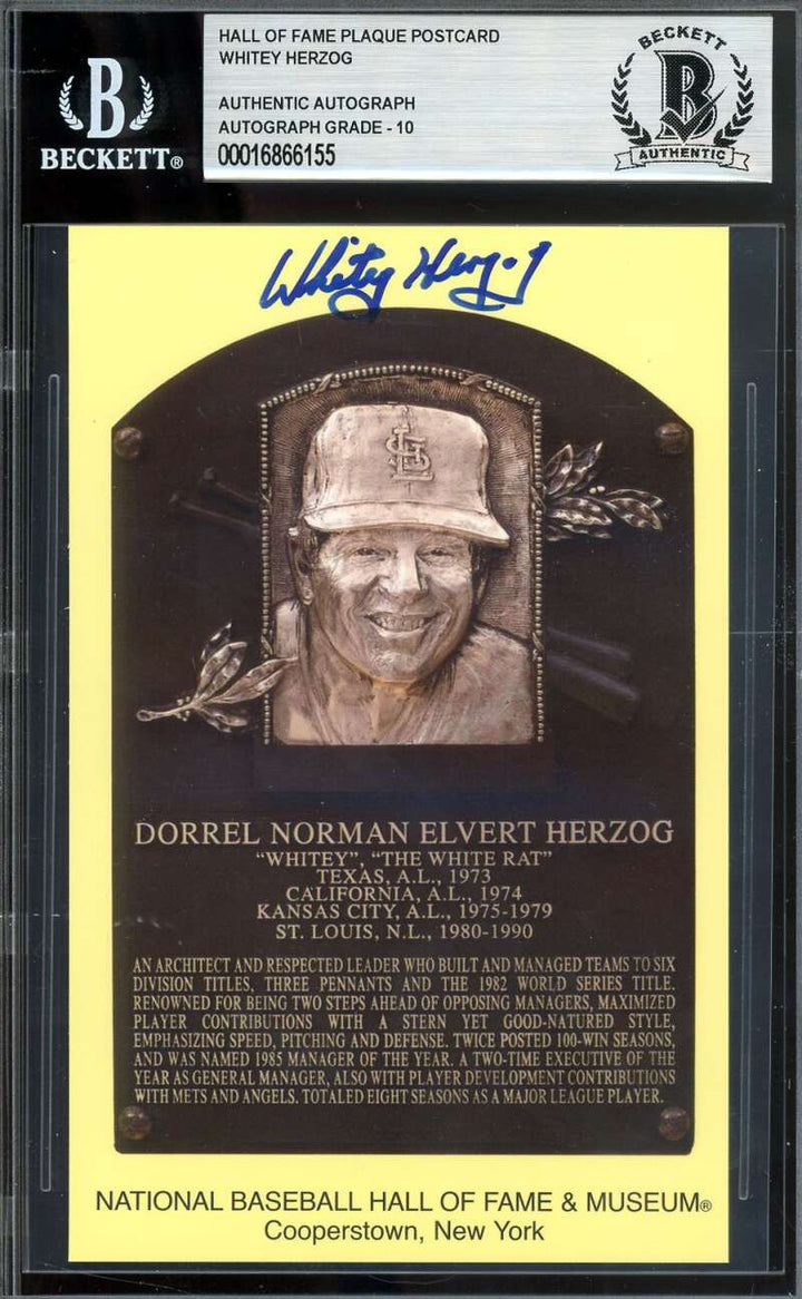 Whitey Herzog Gem Mint 10 Beckett BAS Signed Gold HoF Plaque Postcard Autograph