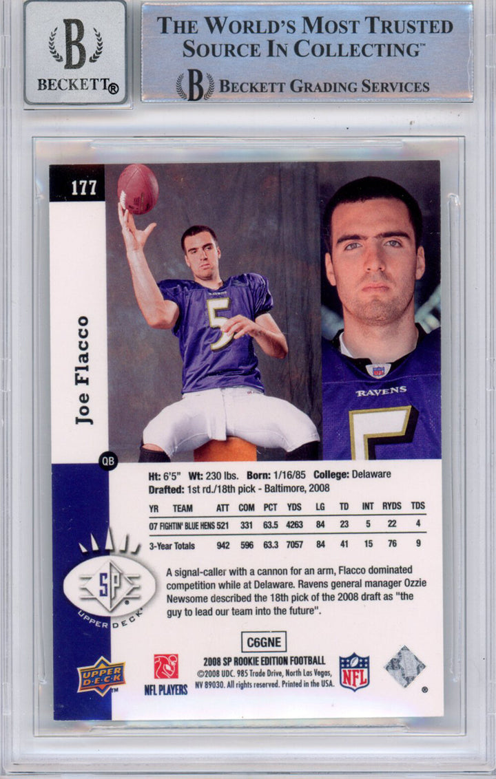 Joe Flacco Autographed  2008 SP #177 (Grade 10) Beckett Slabbed 39906