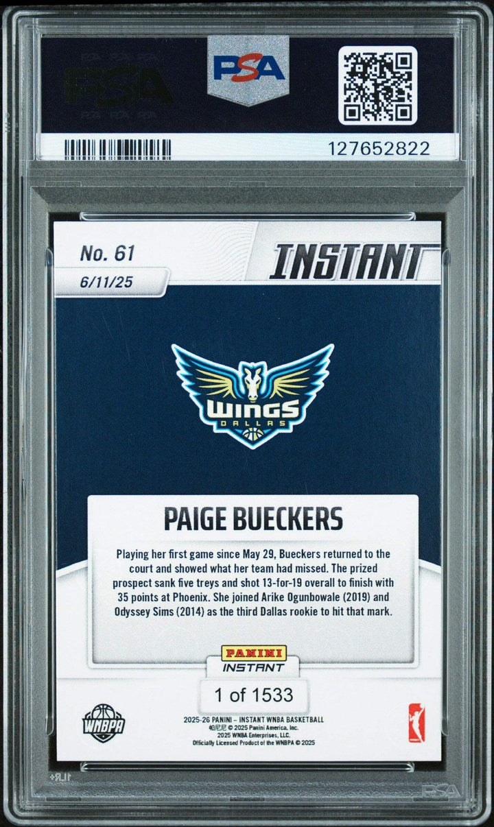 Graded 2025 Panini Instant WNBA Paige Bueckers #61 Rookie RC Card PSA 10 Mint