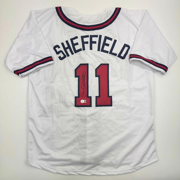 Autographed/Signed Gary Sheffield Atlanta White Jersey Beckett BAS COA