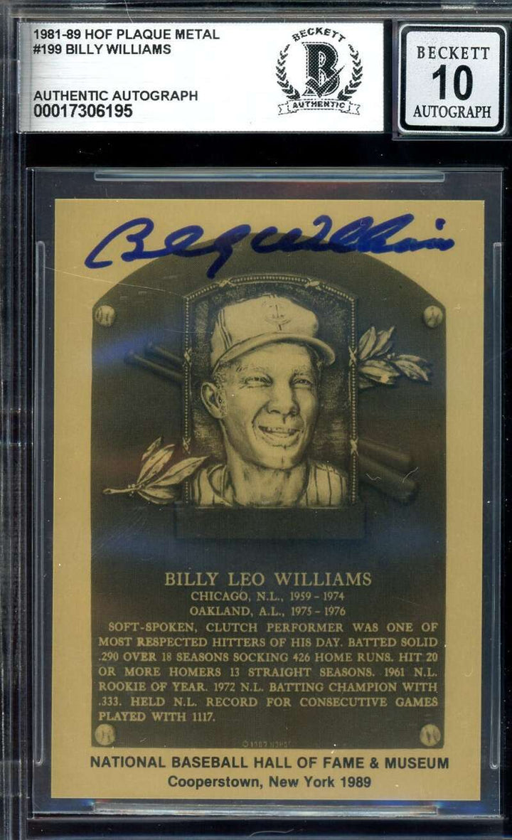 Billy Williams Gem Mint 10 Beckett BAS Signed 1981 Metallic Hall Of Fame Plaque