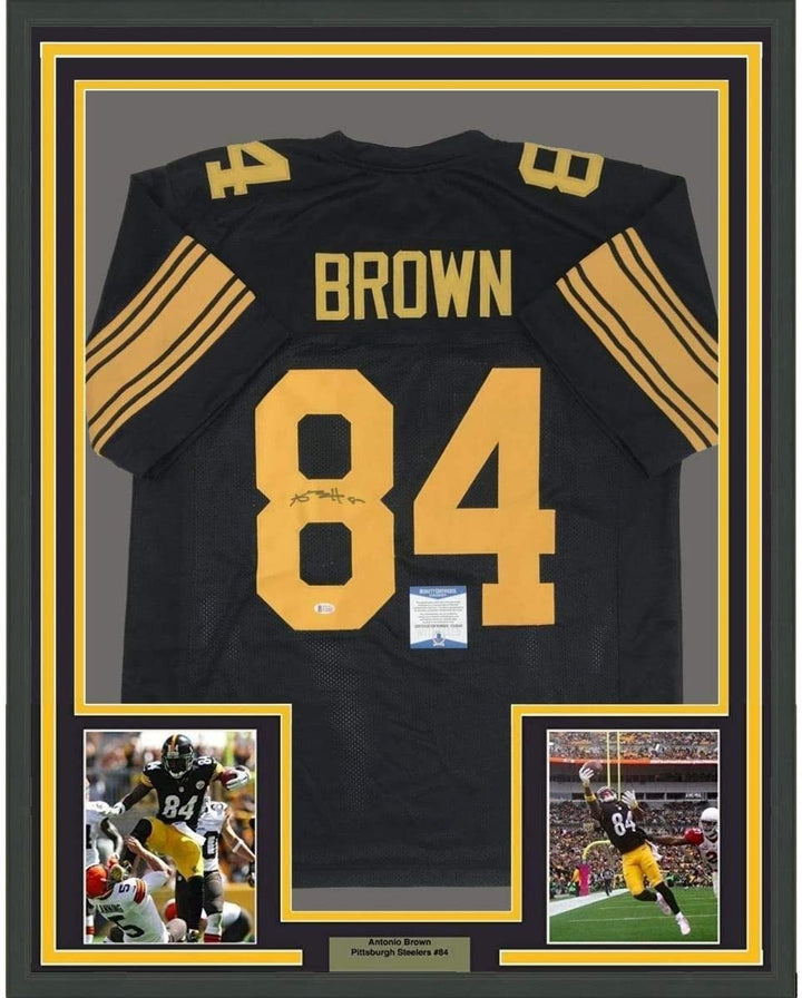 Framed Signed Antonio Brown 35x39 Steelers Color Rush Black Jersey BAS COA