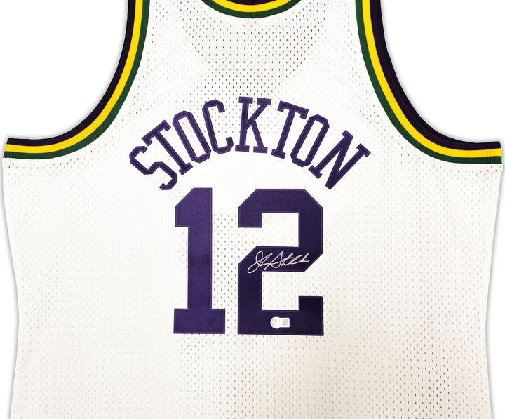 Jazz John Stockton Auto White Auth Mitchell Ness 91-92 HWC Swingman Jersey BAS