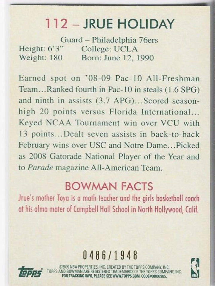 Jrue Holiday 2009 Bowman Card 486/1948