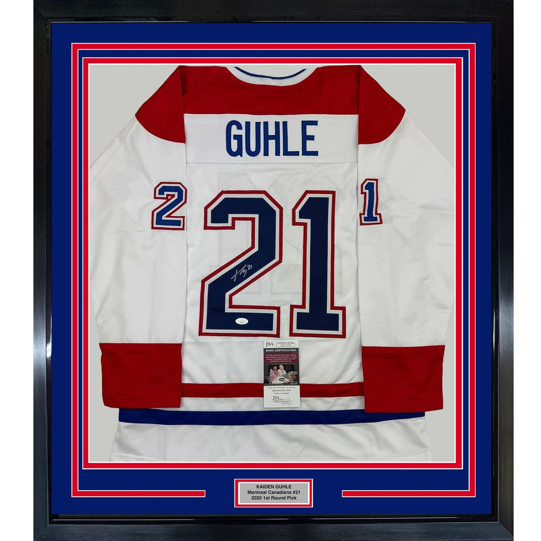 Framed Autographed/Signed Kaiden Guhle 35x39 Montreal White Jersey JSA COA