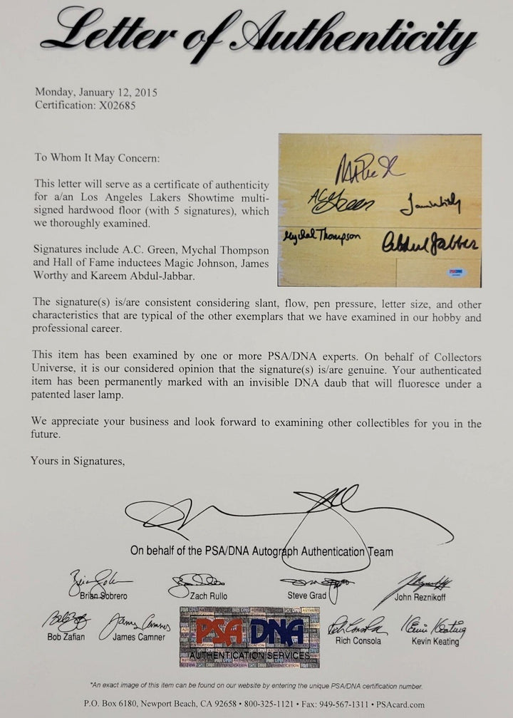 Showtime Lakers team signed Game-Used Floor Magic Jabbar Worthy + 5 PSA BAS COA