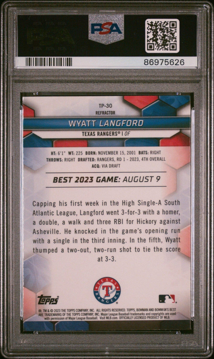 Graded 2023 BWMs Best Wyatt Langford #TP30 Top Prospect REF Baseball Card PSA 10
