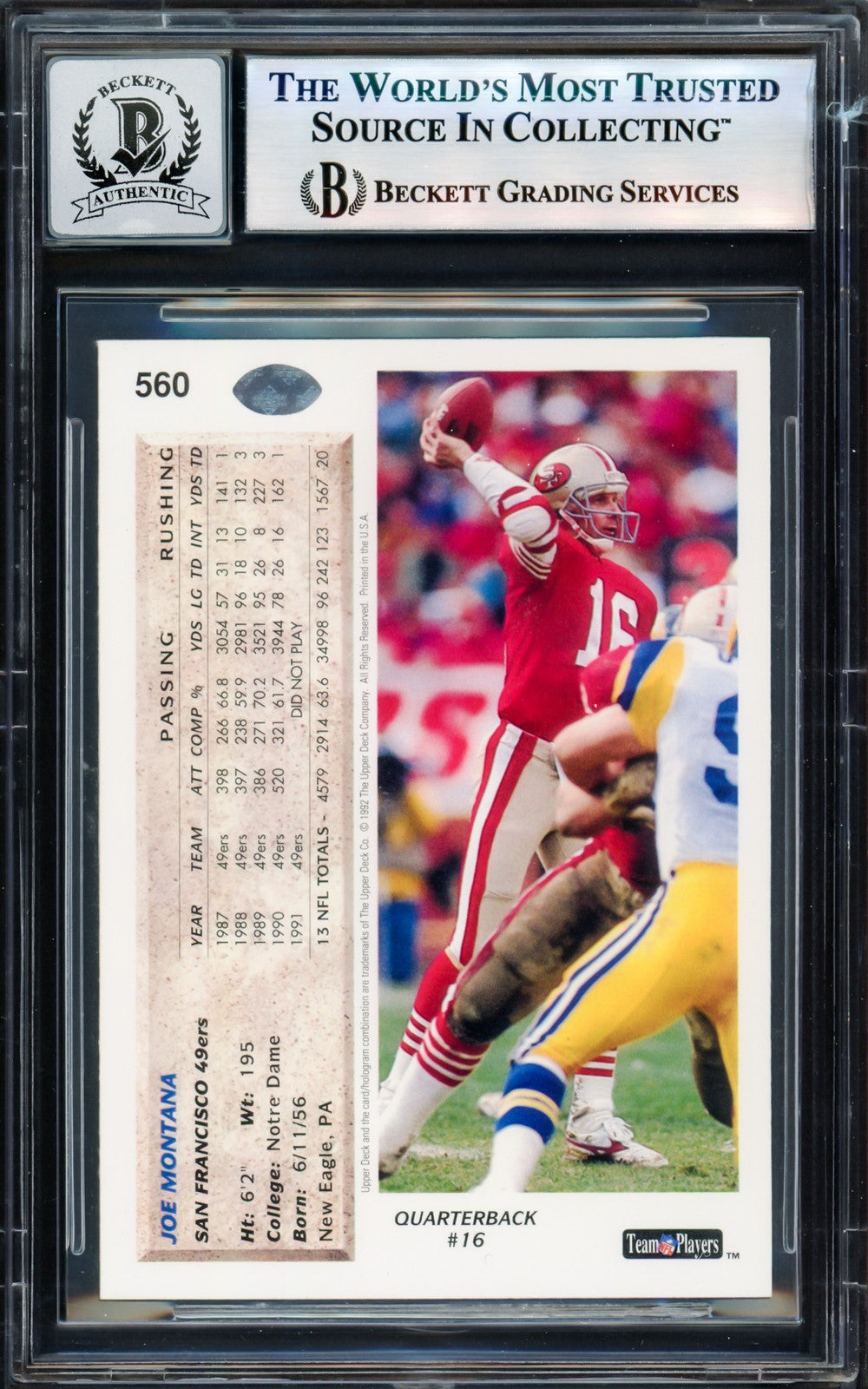 Joe Montana Signed 1992 Upper Deck Card 560 49ers Auto GM 10 Beckett #17604094