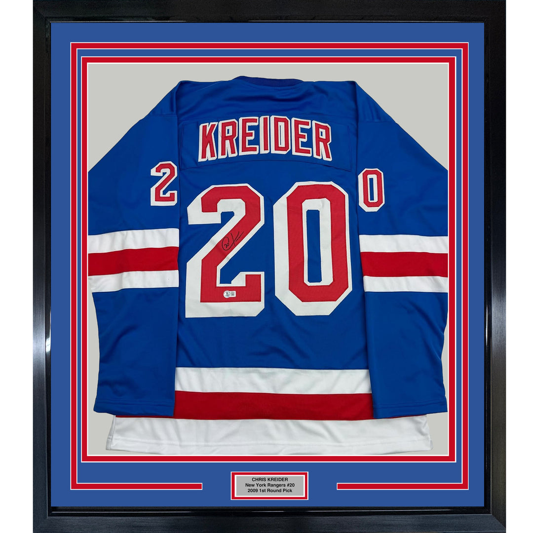 Framed Autographed/Signed Chris Kreider 35x39 New York Blue Jersey Beckett COA