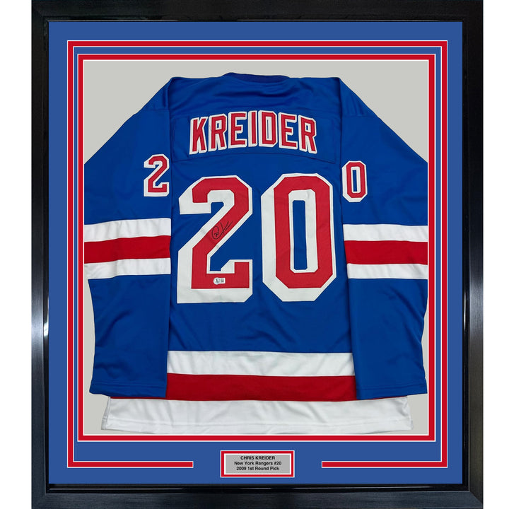Framed Autographed/Signed Chris Kreider 35x39 New York Blue Jersey Beckett COA