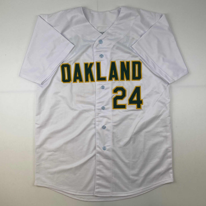 Autographed/Signed Rickey Henderson Oakland White Jersey Beckett BAS COA