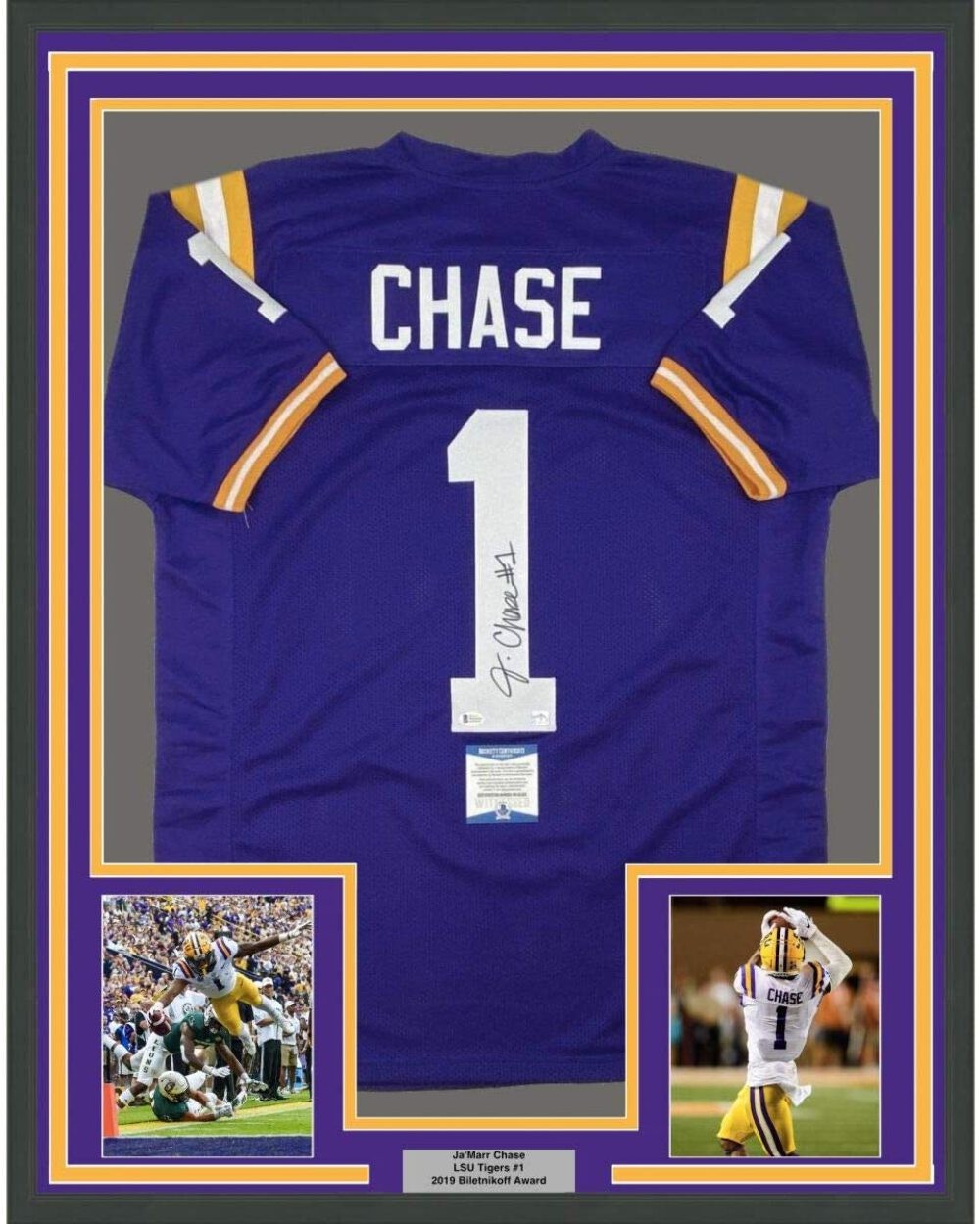 Framed Autographed/Signed Ja'Marr Chase 35x39 LSU Purple Jersey Beckett BAS COA