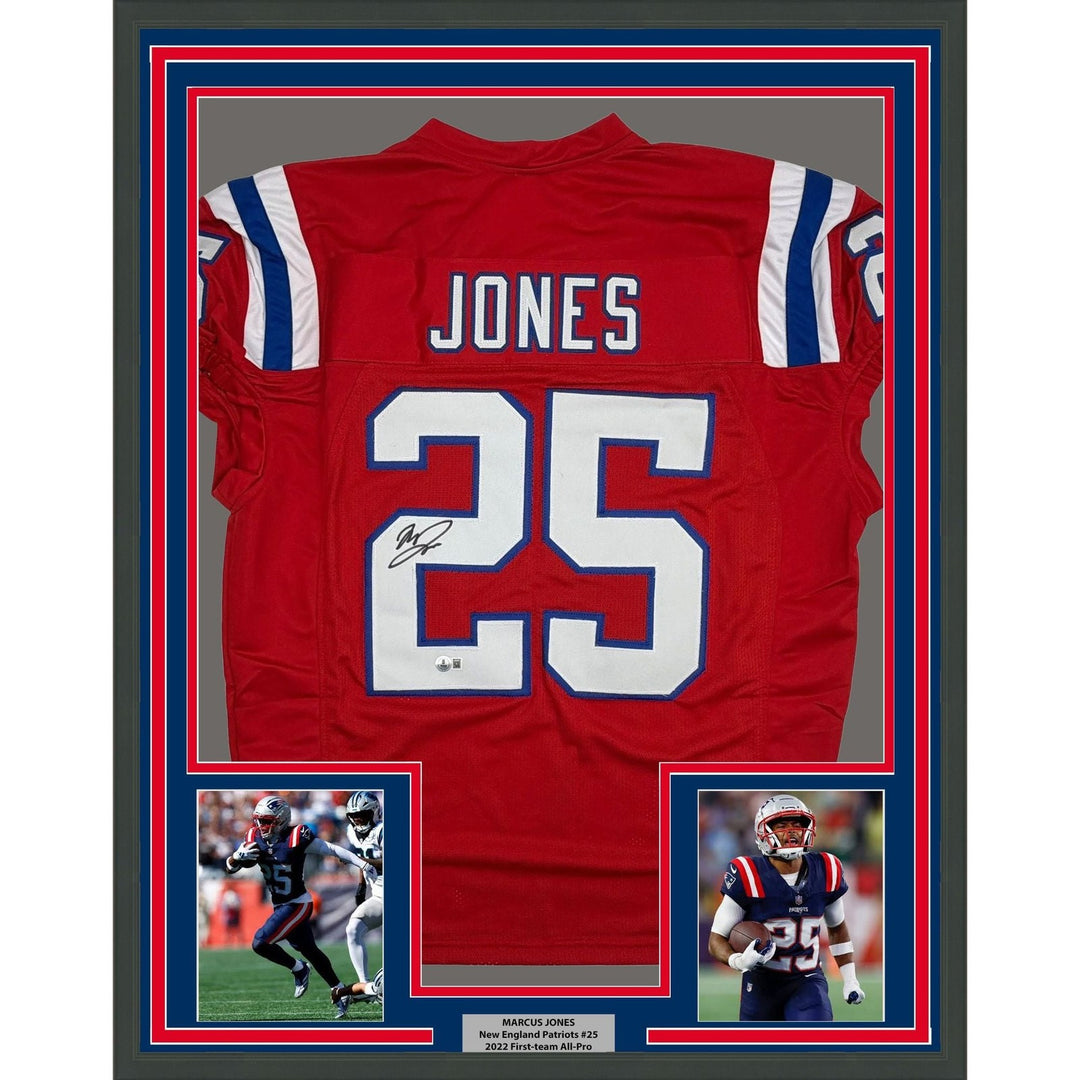 Framed Autographed/Signed Marcus Jones 35x39 New England Red Jersey BAS COA