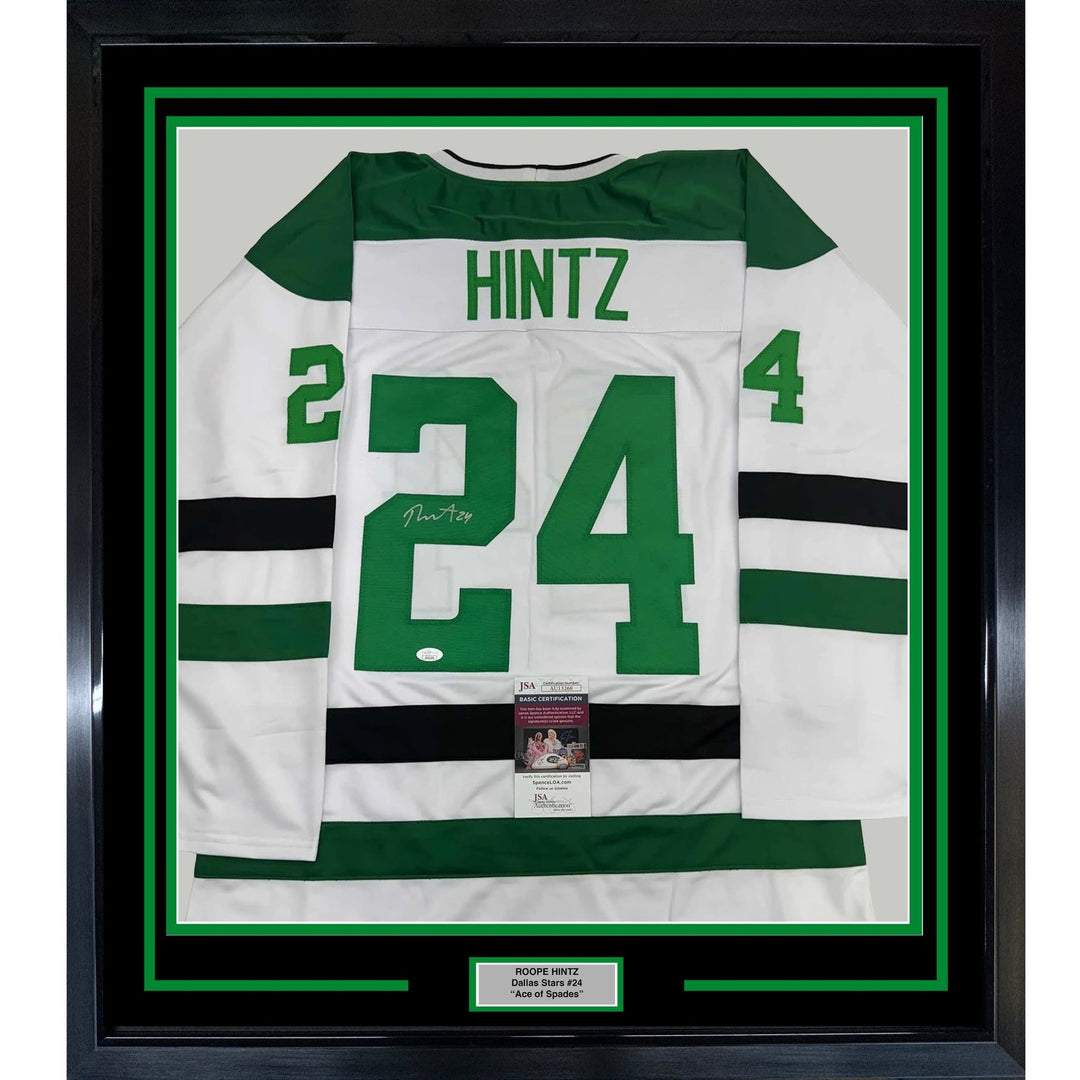 Framed Autographed/Signed Roope Hintz 35x39 Dallas White Jersey JSA COA