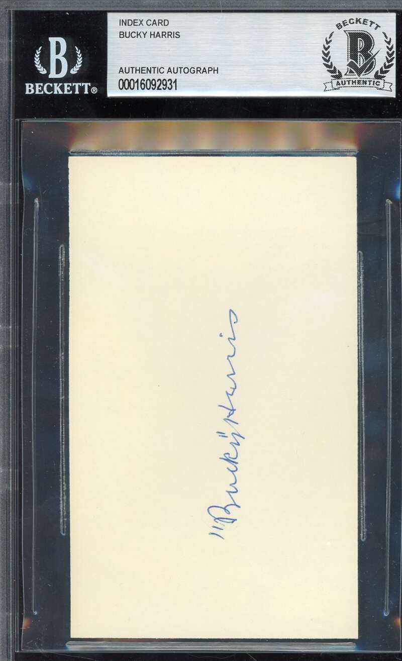 Bucky Harris Beckett BAS Signed 3x5 Index Card Autographed