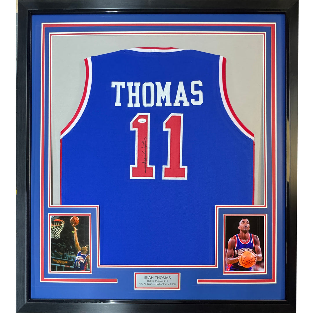 FRAMED Autographed/Signed ISIAH THOMAS 33x42 Detroit Blue Jersey Beckett BAS COA