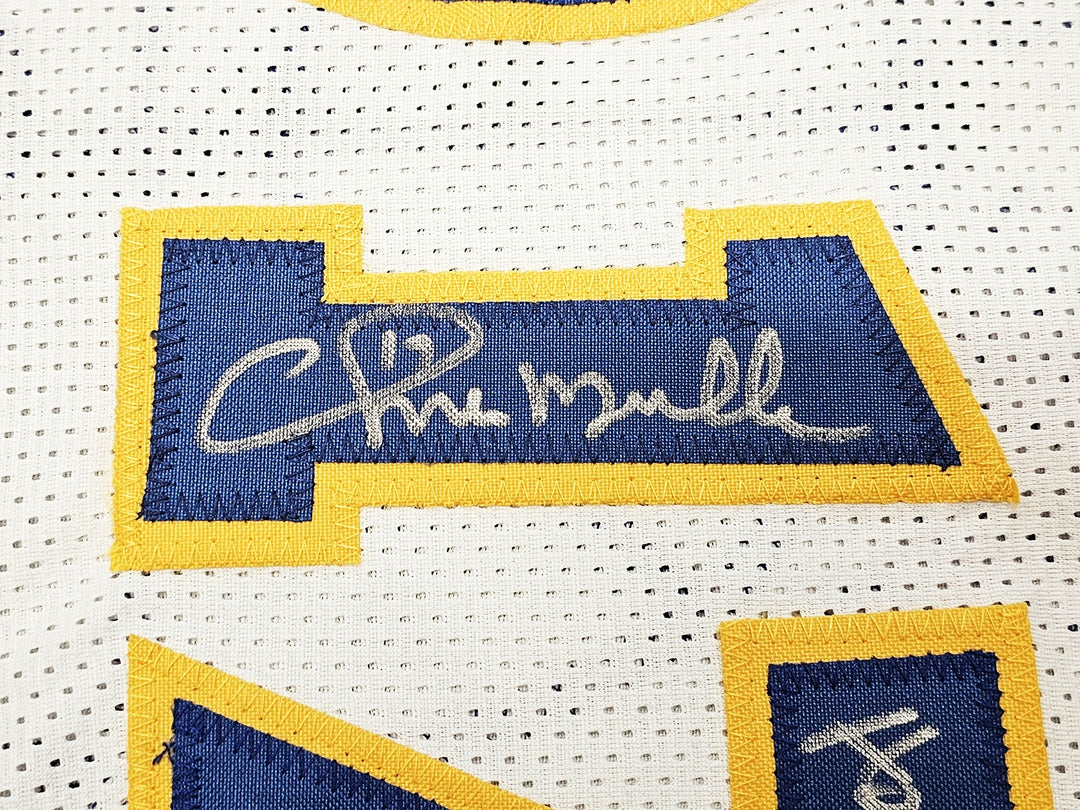 Warriors Chris Mullin, Tim Hardaway & Richmond Auto White Jersey Run TMC HOF BAS