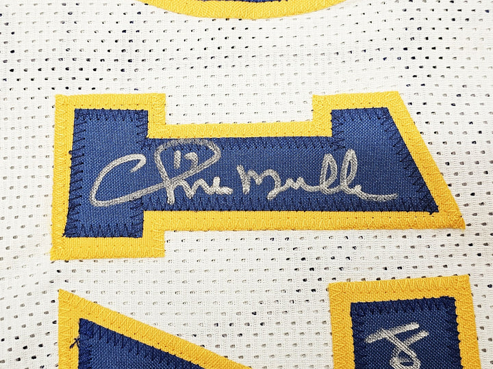 Warriors Chris Mullin, Tim Hardaway & Richmond Auto White Jersey Run TMC HOF BAS