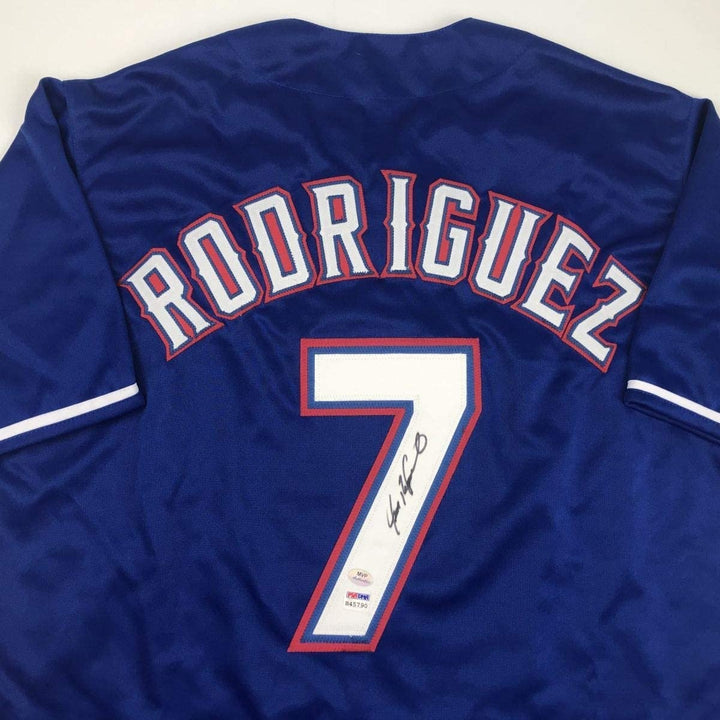 Autographed/Signed Ivan Pudge Rodriguez Texas Blue Baseball Jersey PSA COA