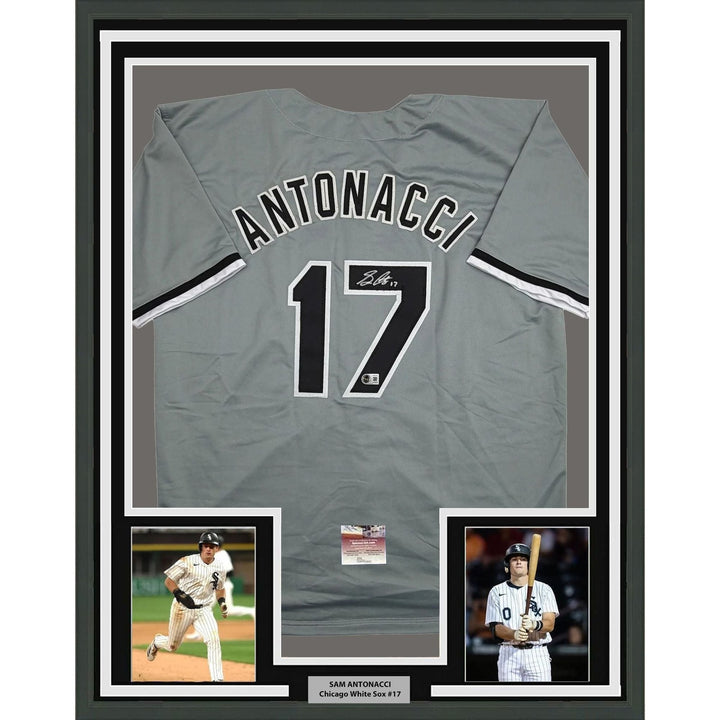 Framed Autographed/Signed Sam Antonacci 35x39 Chicago Grey Jersey BAS COA