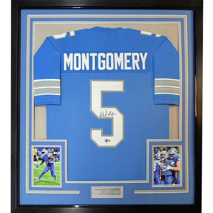 Framed Autographed/Signed David Montgomery 35x39 Detroit Blue Jersey BAS COA