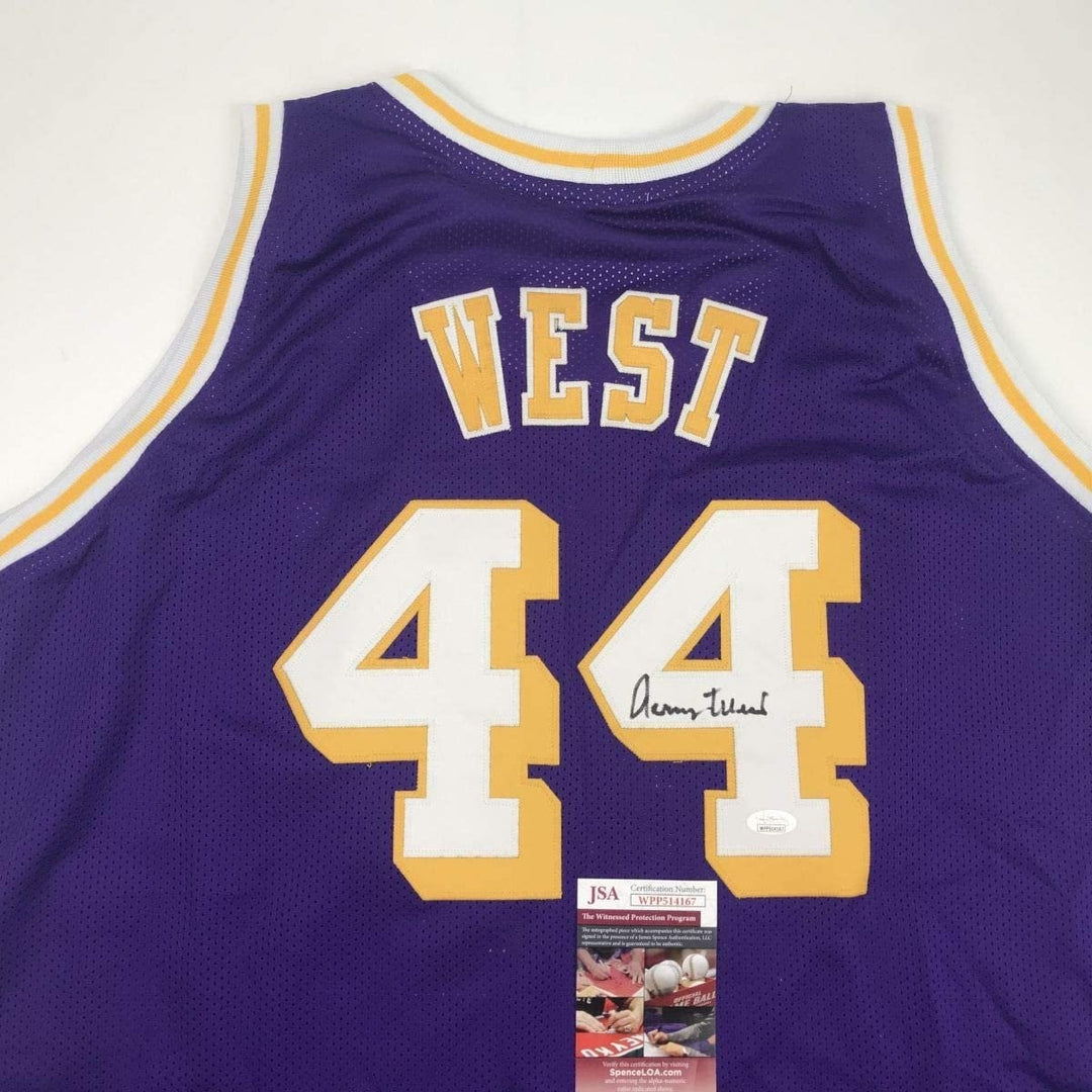 Autographed/Signed Jerry West Los Angeles LA Purple Jersey JSA COA