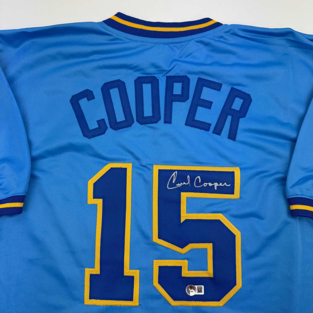 Autographed/Signed Cecil Cooper Milwaukee Blue Jersey Beckett BAS COA