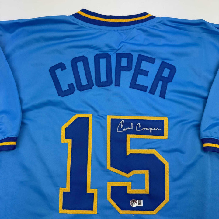 Autographed/Signed Cecil Cooper Milwaukee Blue Jersey Beckett BAS COA