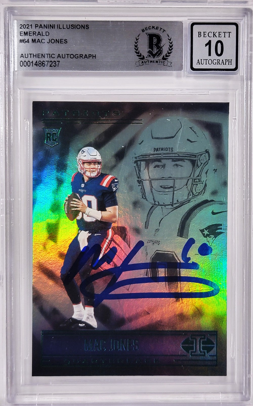 Mac Jones Auto 2021 Panini Illusions Green Emerald RC 64 Patriots Sig 10 Beckett