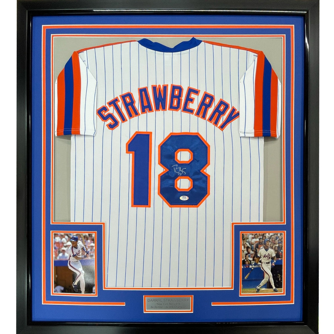 FRAMED Signed DARRYL STRAWBERRY 35x39 NY Pinstripe Jersey PSA COA