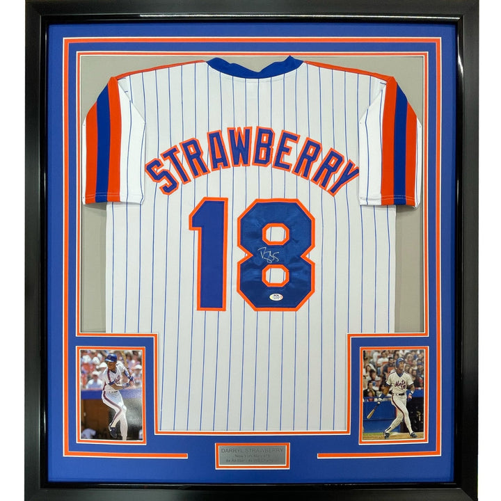 FRAMED Signed DARRYL STRAWBERRY 35x39 NY Pinstripe Jersey PSA COA