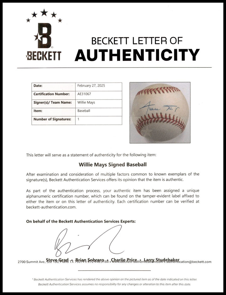 Willie Mays Signed Official NL Stat Logo Baseball Giants Beckett #AE31067