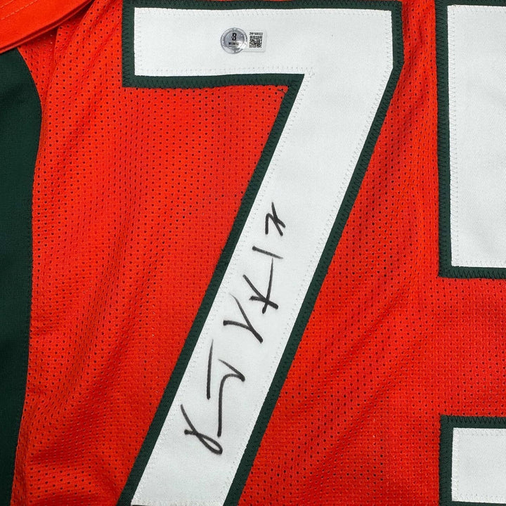Framed Autographed/Signed Vince Wilfork 35x39 Miami Orange Jersey Beckett COA