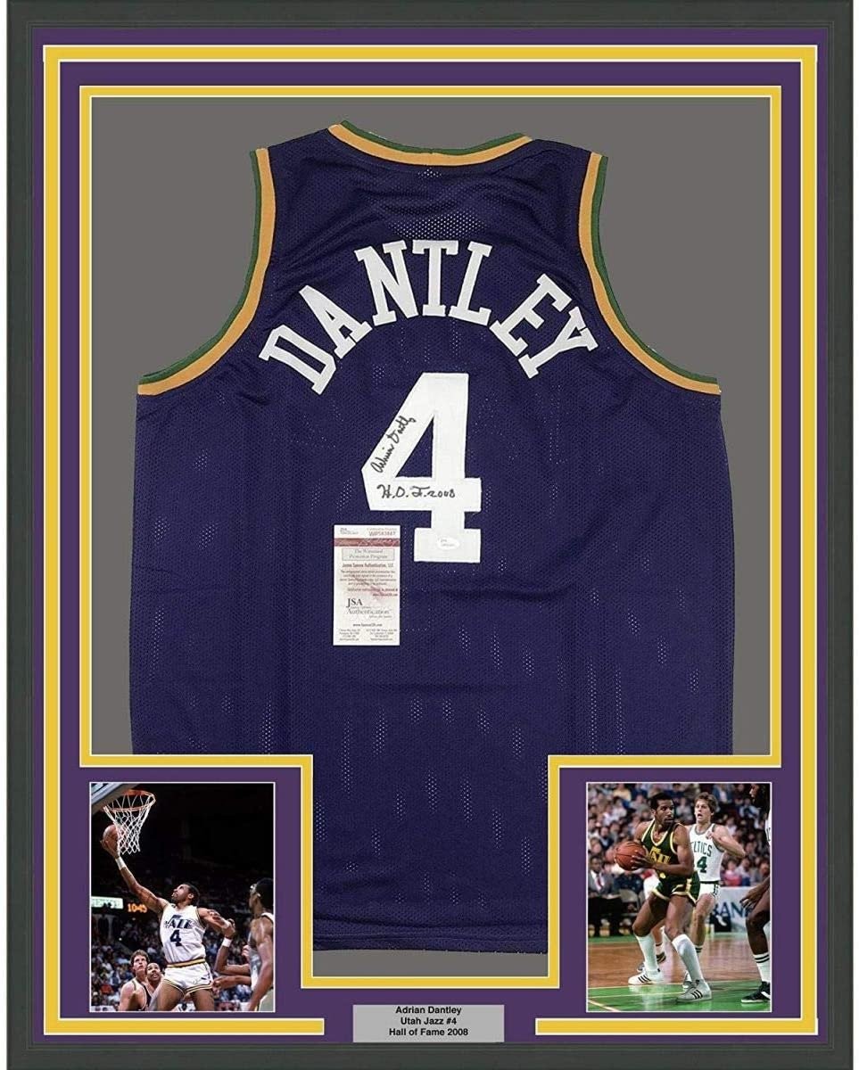 Framed Signed Adrian Dantley HOF 2008 35x39 Utah Purple Jersey JSA COA