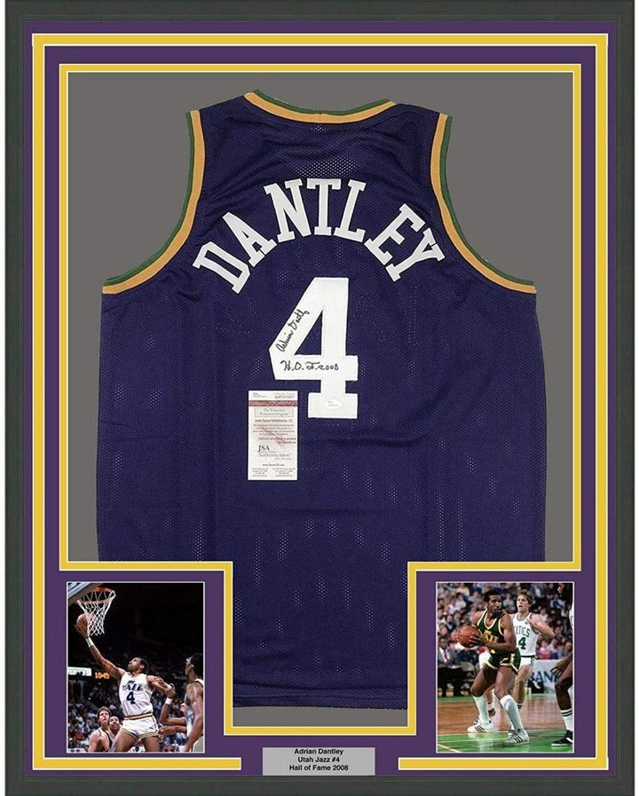 Framed Signed Adrian Dantley HOF 2008 35x39 Utah Purple Jersey JSA COA