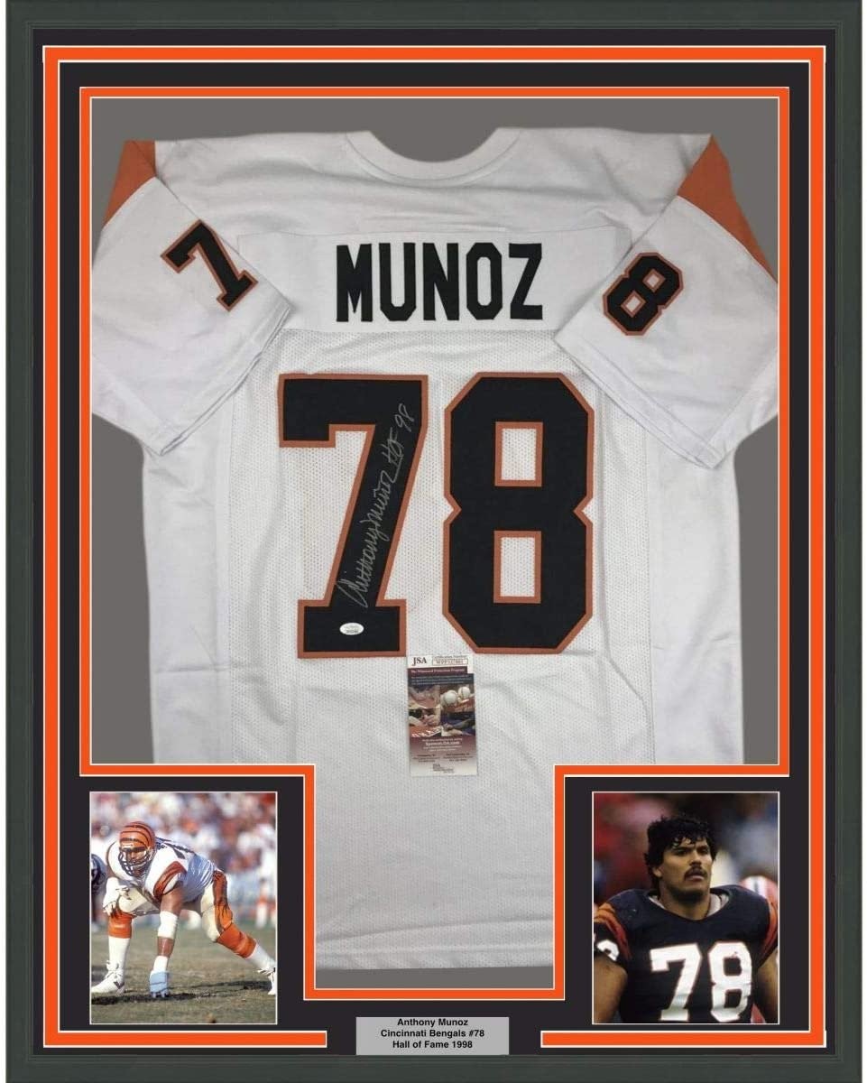 Framed Signed Anthony Munoz HOF 98 35x39 Cincinnati White Jersey JSA COA