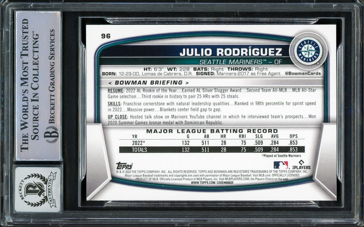 Julio Rodriguez Signed 2023 Bowman Card 96 Seattle Mariners Auto GM 10 Beckett