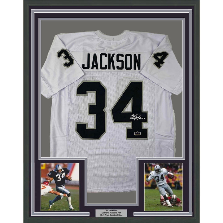 Framed Facsimile Autographed Bo Jackson 33x42 White Reprint Laser Auto Jersey