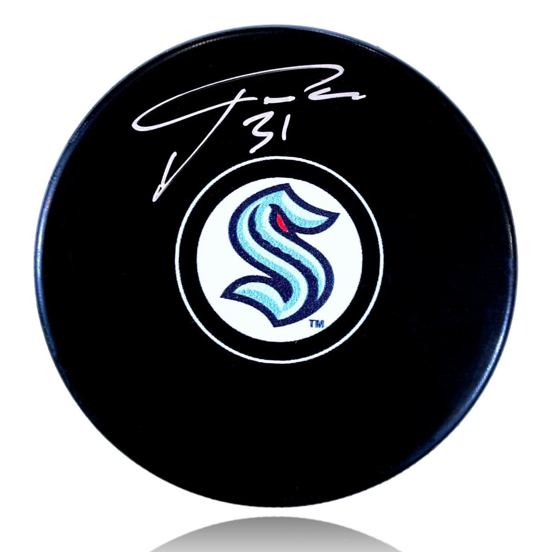 Philipp Grubauer Autographed Seattle Kraken Logo Hockey Puck Fanatics COA Signed