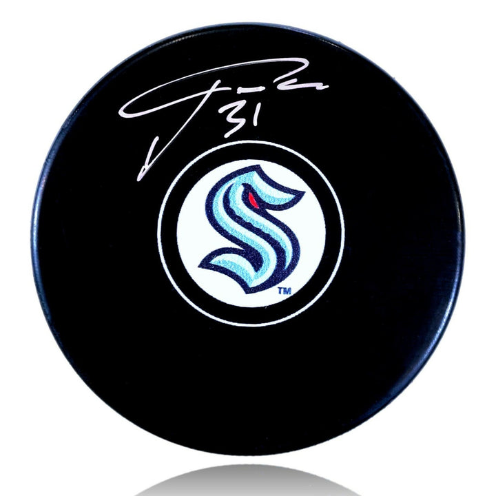 Philipp Grubauer Autographed Seattle Kraken Logo Hockey Puck Fanatics COA Signed