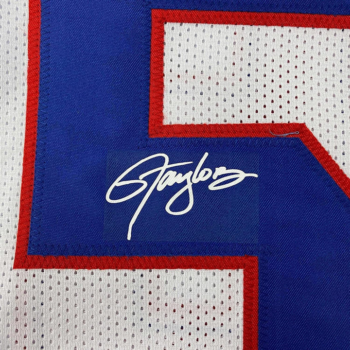 Framed Facsimile Autographed Lawrence Taylor 33x42 White Reprint Auto Jersey