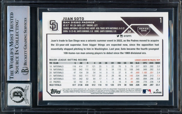 Juan Soto Autographed Signed 2023 Topps Card 1 New York Mets Auto GM 10 Beckett