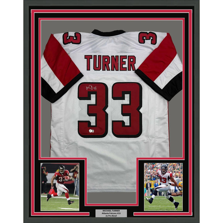 Framed Autographed/Signed Michael Turner 35x39 Atlanta White Jersey BAS COA