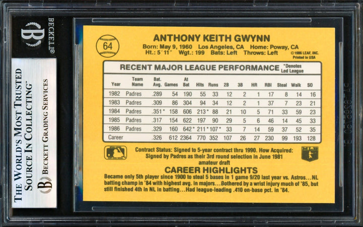 Tony Gwynn Signed 1987 Donruss Card #64 San Diego Padres Beckett #19829620
