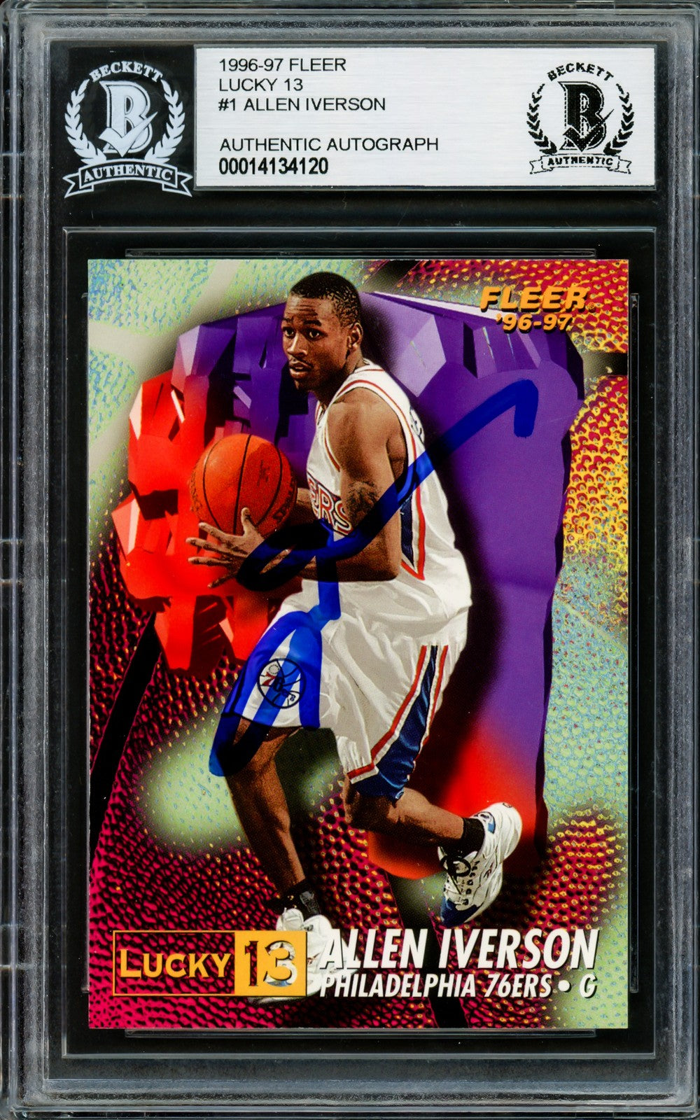 Allen Iverson Signed 1996-97 Fleer Lucky 13 RC 1 76ers Beckett #14134120