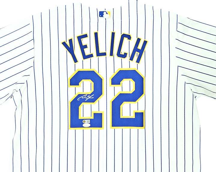 Brewers Christian Yelich Signed White Pinstripe Majestic Jersey Size XL JSA