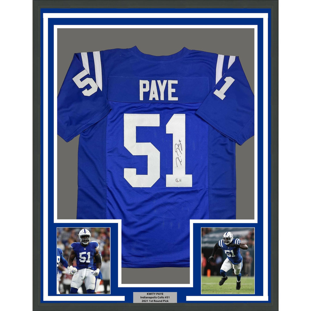 Framed Autographed/Signed Kwity Paye 35x39 Indianapolis Blue Jersey BAS COA