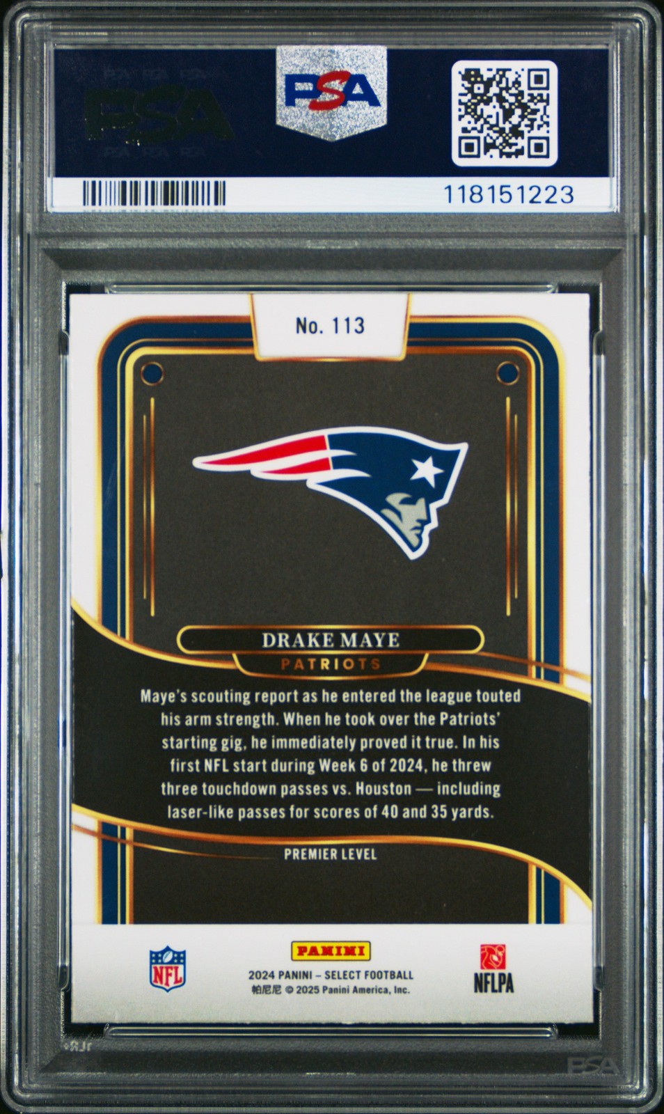 Graded 2024 Panini Select Drake Maye #113 Rookie RC Football Card PSA 10